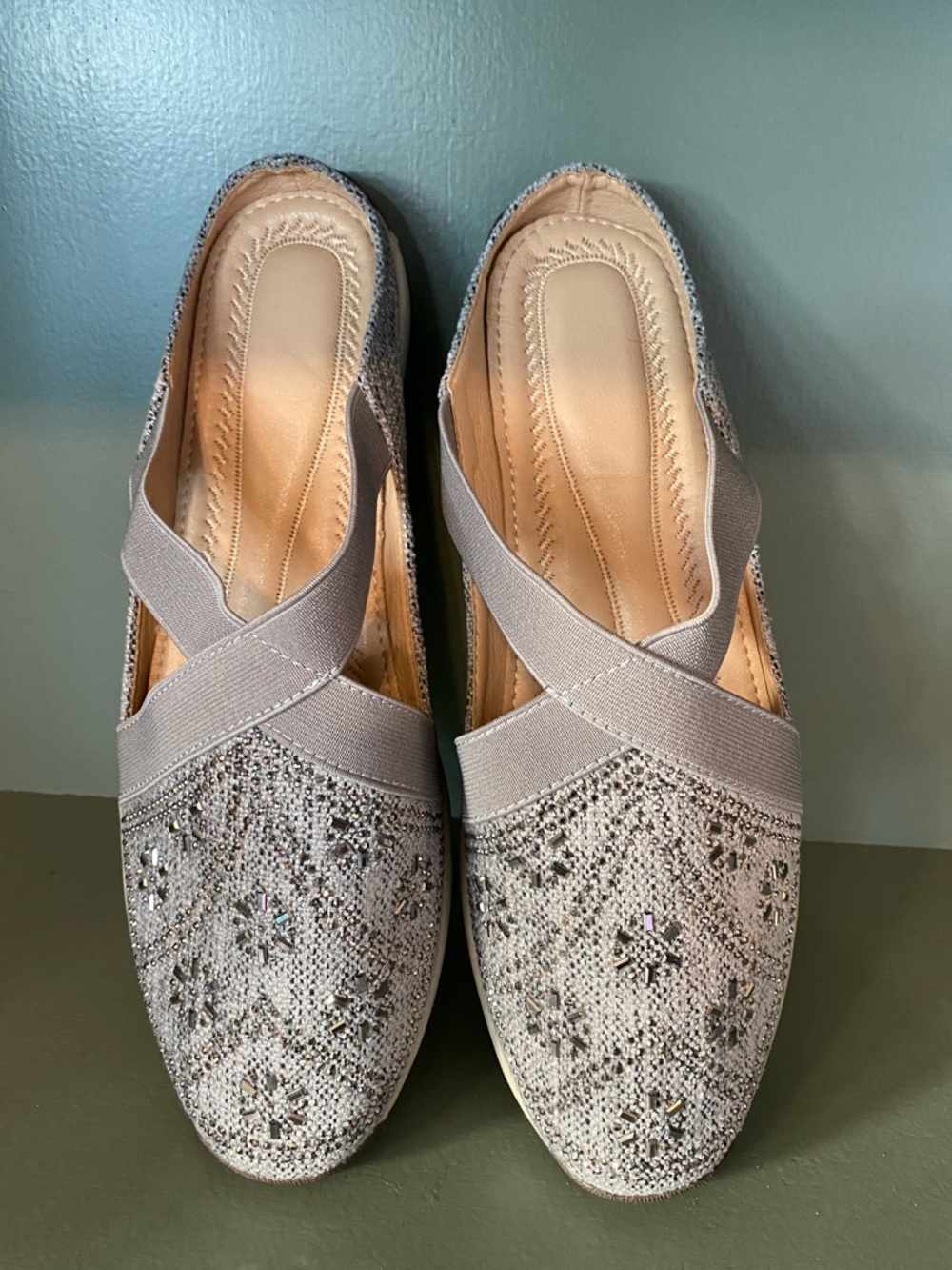 Women's Embellished Greige Slip-On Flats with Crisscross Elastic Straps